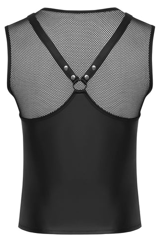 Svenjoyment Harness Skjorta är en svart ärmlös skjorta med nätrygg, remmar i konstläder och metallnitar som korsas på baksidan - perfekt för att ge din outfit en fetischmode-touch.