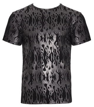 Svenjoyment Metallic Shirt är en svart, kroppsnära skjorta i stretchigt tyg med ett slående metalliskt silverflammönster över framsidan och ärmarna.