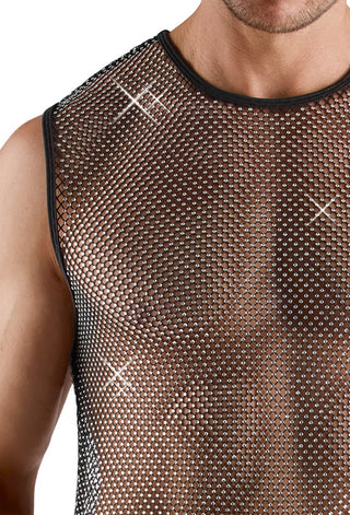 En man bär Svenjoyment Nättröja Herr - en genomskinlig, svart, ärmlös meshtopp prydd med glittrande stenar - som visar bröst och axlar.