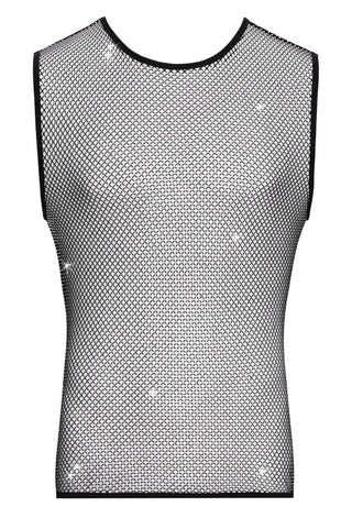 Svenjoyment Nättröja Herr är en ärmlös svart mesh-topp med svarta detaljer i nacken och på armarna, mot en vit bakgrund.