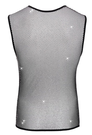 Svenjoyment Nättröja Herr är en svart, ärmlös fishnet mesh-topp för män, som visas bakifrån mot en vit bakgrund.