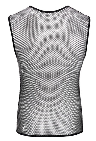 Svenjoyment Nättröja Herr är en svart, ärmlös fishnet mesh-topp för män, som visas bakifrån mot en vit bakgrund.