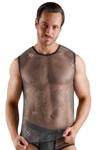 Man iklädd Svenjoyment Nättröja Herr med glittrande stenar och svarta underkläder, tittar självsäkert in i kameran.