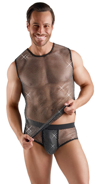 Leende man iklädd Svenjoyment Nättröja Herr med glittrande stenar och matchande kalsonger, skjortkanten lyfts upp.