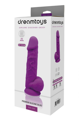 Låda för Termo-Reaktiv Realistisk Dildo Lila från Dream Toys, med produktbild, varumärke och en praktisk sugkopp, allt mot en ren vit bakgrund.