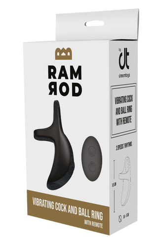 Boxen innehåller "Ramrod Vibrerande Penisring med Fjärrkontroll", gjord av medicinskt silikon. Den visar "3 hastigheter, 7 rytmer" med logotyper inklusive "drömleksaker" och en bild av den snygga ringen och fjärrkontrollen.