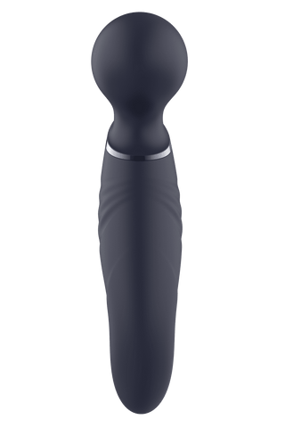 En elegant svart Glam Dual Wand Vibe massageapparat med ett runt huvud och ett strukturerat grepphandtag för extra komfort.