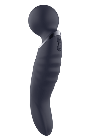 Glam Dual Wand Vibe är en elegant svart ergonomisk massageapparat, med ett böjt handtag och ett rundat huvud. Erbjuder lyx, stil och komfort för en oöverträffad upplevelse.