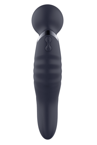 Glam Dual Wand Vibe, i mörkgrå, har en rundad topp och ribbad grepp med en elegant design och en liten central logotyp.