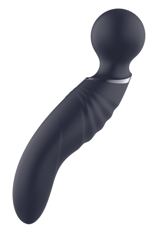 Glam Dual Wand Vibe är en handhållen massageapparat i svart silikon med en böjd, räfflad design och ett rundat huvud för ökad komfort.