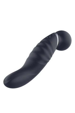 Glam Dual Wand Vibe, en elegant svart personlig massageapparat, har ett texturerat material och en böjd design för riktad njutning. Handtagskontrollknappar möjliggör enkla justeringar för en skräddarsydd upplevelse.
