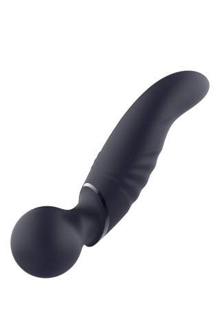 En svart Glam Dual Wand Vibe med en böjd design och ett runt huvud, som ger ultimat komfort och mångsidighet, ställs mot en vit bakgrund.