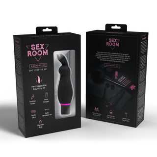 Två svarta lådor märkta Sex Room Raunchy Vibe Set, med ett sexleksaksset för nybörjare med en fjäderkittlare och en massageleksak med vibratorkaninöron som visas på förpackningen.