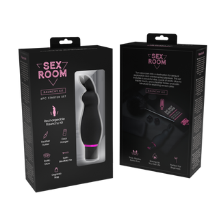 Två svarta Sex Room Raunchy Vibe Set-askar, den ena med en vibrator med kaninöron och den andra med produktinformation.
