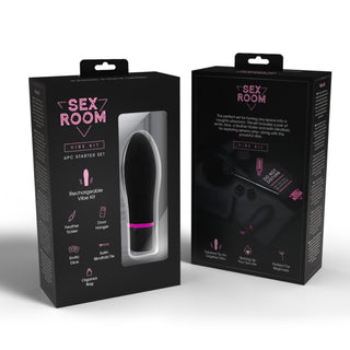 Sex Room Vibe Kit är ett 6-delars set i svart förpackning, som visar olika medföljande föremål med produkt och innehåll tydligt synligt på lådan.