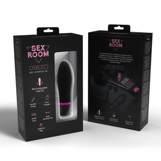 Sex Room Vibe Kit är ett 6-delars set i svart förpackning, som visar olika medföljande föremål med produkt och innehåll tydligt synligt på lådan.