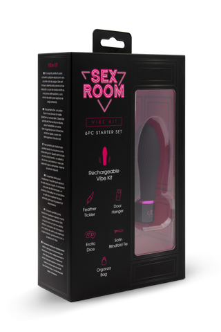 Sex Room Vibe Kit-boxen med synligt innehåll och beskrivning innehåller en vibrator och matchande tillbehör - ett komplett set för oförglömlig njutning.
