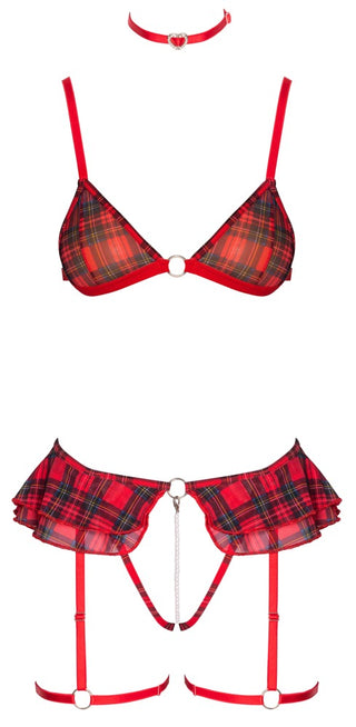 Röd Rutig Lingerieset 3-delat har en minikjol, remmar, matchande choker och öppna grensträngar, mot en vit bakgrund.