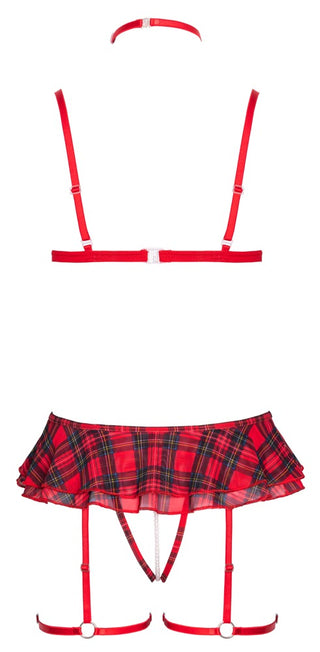 Röd Rutig Lingerieset 3-delat med strumpeband, choker och öppen grenstring - elegant presenterad mot vit bakgrund.