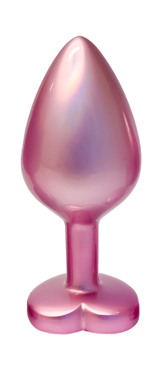 Pearl Pink Buttplugg Medium skiner med sin blanka rosa yta och hjärtformade bas, som gnistrar mot en vit bakgrund.