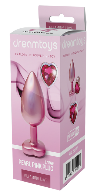 Pearl Pink Buttplugg Large för vuxna, tillverkad av aluminium med en rosa hjärtformad juvel.