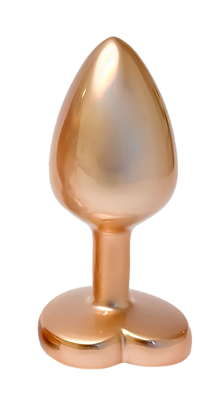 Pärlguld Buttplugg Small, en glänsande metallisk guldfärgad aluminiumplugg med en hjärtformad bas, sitter på en vit bakgrund.
