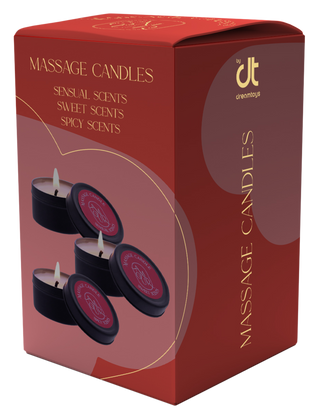 Röd ask med Amour Massage Candles 3-pack, tillverkade av naturligt sojavax, med tre svarta ljus och guldtext som lyfter fram sensuella massagedofter.
