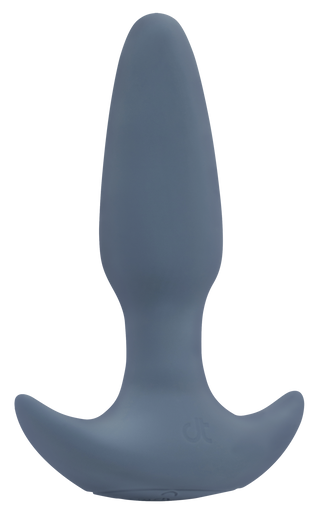 Analvibrator i grå silikon med utsvängd bas och fjärrkontroll, visas mot en vit bakgrund.