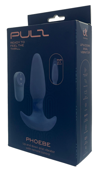 Pulz analvibrator med fjärrkontroll, tillverkad i svart silikon med en mjuk, böjd design. Förpackningen är också synlig.