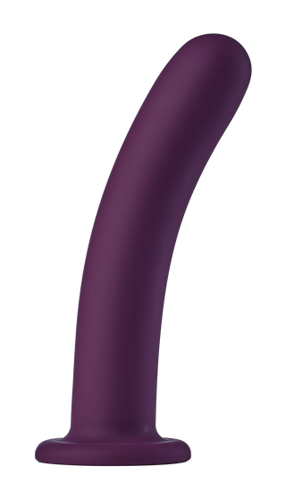 Böjd lila silikondildo med en utvidgad bas och sugkopp.