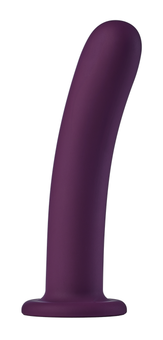 Zenon-dildo i silikon: slät, lila, böjd design med en sugkopp i botten.