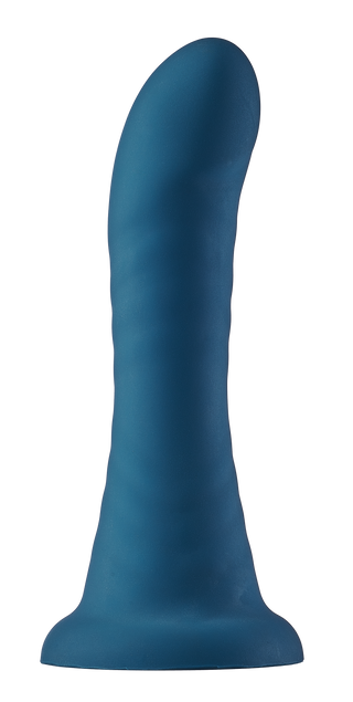 Blå, strukturerad silikondildo med sugkopp, böjd skaft och utvidgad bas.