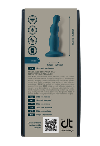 En turkosfärgad silikondildo av märket Rune med sugkopp och storleksangivelser på förpackningen.