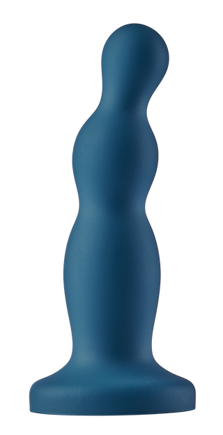 Blå silikondildo, böjd och avsmalnande med en rund spets och en sugkopp som bas.