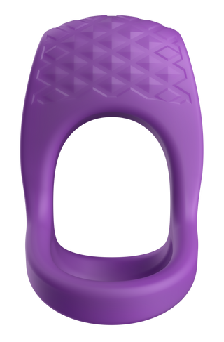 Lila penis- och pungring i silikon med ett strukturerat rombmönster på den övre öglan.