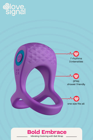 Purple Bold Embrace – penis- och testikelring med strukturerad yta och blå strömbrytare.