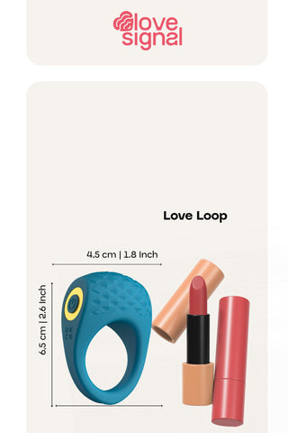 Blå, strukturerad Love Loop-vibrerande penisring med en gul strömbrytare.
