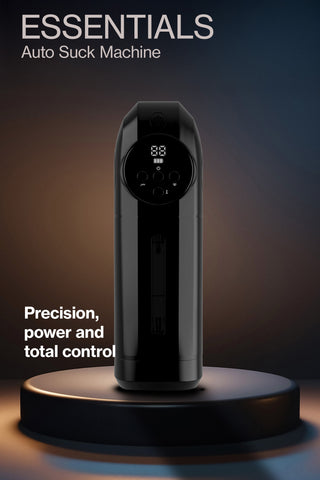 Svart, cylindrisk onaniprodukt med automatisk sugfunktion, digital display och kontrollknappar.