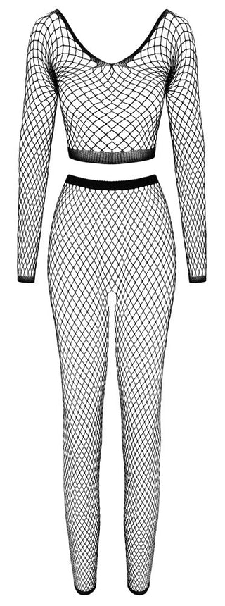 Tvådelat Nätset med Crop Top, en svart bodysuit med fisknät, har en förförisk design med långa ärmar, hela ben, en urringning och genomskinlig mesh överallt. Det visas på en vit bakgrund.