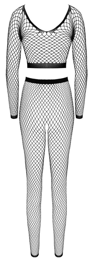 Aförförisk design visar upp Tvådelat Nätset med Crop Top, med ett helkroppsfisknät med långa ärmar och grenlösa leggings, kompletterat med en solid midjeband och halsringning, allt visas på en huvudlös och benlös skyltdocka.