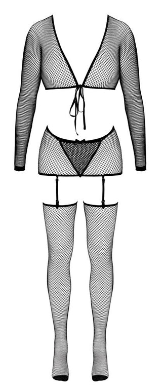 Underklädesset i svart fisknät med bolero-topp med knytfront, strumpeband, stringtrosa och påsydda strumpor.