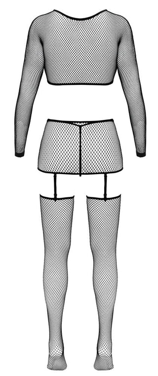 Underklädesset i svart fisknät med bolerotopp, kjol, strumpeband och strumpor; genomskinligt nätmaterial med nätdesign.