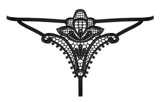 Svart spetsstring med fint broderi, tunna band och halvgenomskinligt tyg framtill.