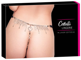 Cottelli-underklädesask med svarta stringtrosor med spets- och strassdetaljer; etiketten ”Luxury Edition” syns.