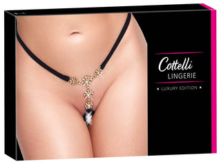 Svart stringtrosa med öppning i grenen och blomdetaljer i strass från Cottelli Lingerie Luxury Edition.