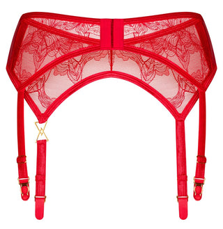 Rött Strumpeband med Spetsdesign är ett rött strumpebandsbälte i spets med invecklade blommönster, justerbara remmar och gulddetaljer, med skira spetsdesigndetaljer för en elegant, klassisk look.
