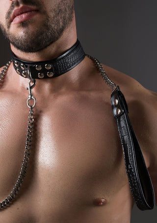 Svart AVANZA-set med halsband och koppel med metallnitar och kedja, tillverkat av läder.