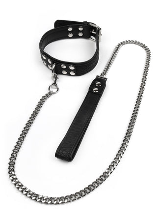 Svart halsband i konstläder med metallspänne, krokodilpräglat koppel och silverkedja med svart handtag.