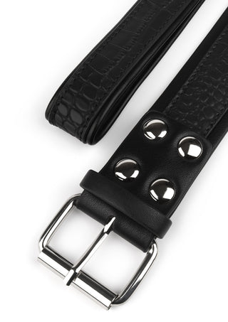 Svart läderhalsband med matchande koppel, silverfärgat spänne, strukturerad yta, 3 metallnitar, slitstarkt mikrofibermaterial.
