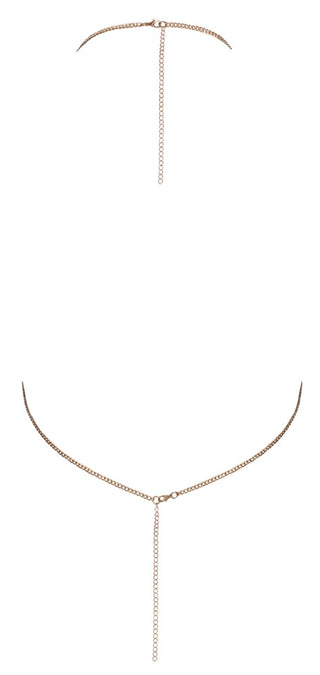 Guldig Kedjetopp Med Strass är ett tunt guldtonat chokerhalsband med droppkedjedetalj i mitten och justerbart spänne.